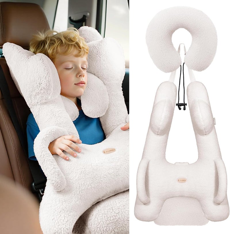 FLORICH Kids Travel Pillow, Car Sleeping Travel Pillow for Kids, Removable H-Shaped Pillow for Adults and Children to Support Head and Body Road Trips with Neck Pillow and Blanket (Beige White) - Image 1
